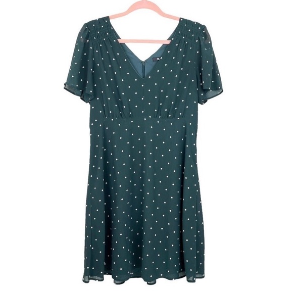 Madewell green and white dot smocked shoulder v neck dress smoky spruce, size 0 - Picture 5 of 10